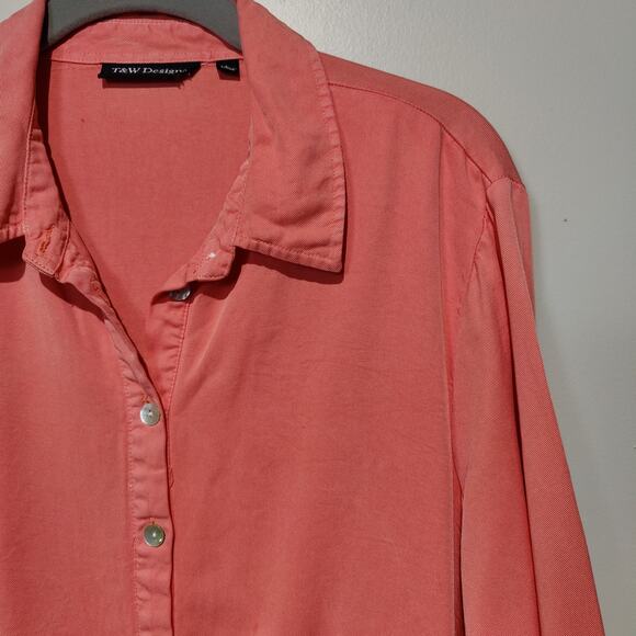 T&W Designs Women's Sz L Salmon Peach Tunic Button Up Shirt Tencel Front Tie - Picture 3 of 7